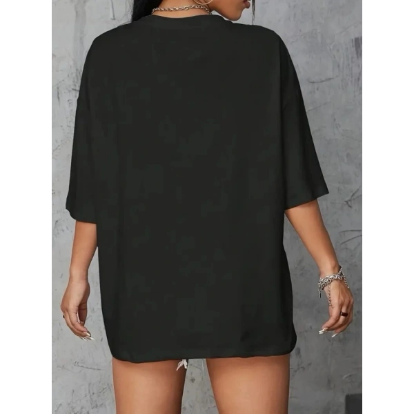 Biçomi Baskılı Oversize Bisiklet Yaka T-shirt - Siyah