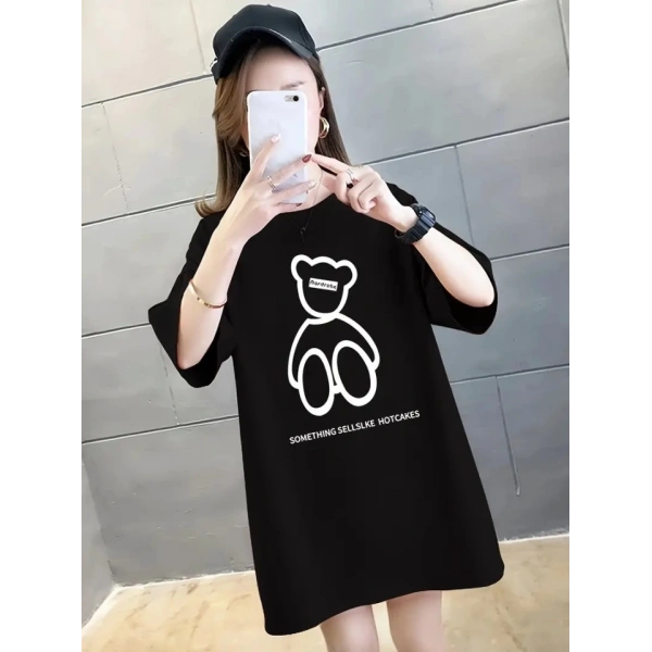 Biçomi Baskılı Oversize Bisiklet Yaka T-shirt - Siyah