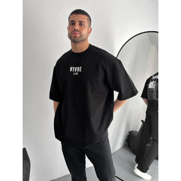 Biçomi Baskılı Oversize Bisiklet Yaka T-shirt - Siyah