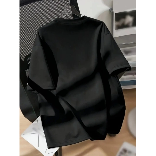 Biçomi Baskılı Oversize Bisiklet Yaka T-shirt - Siyah