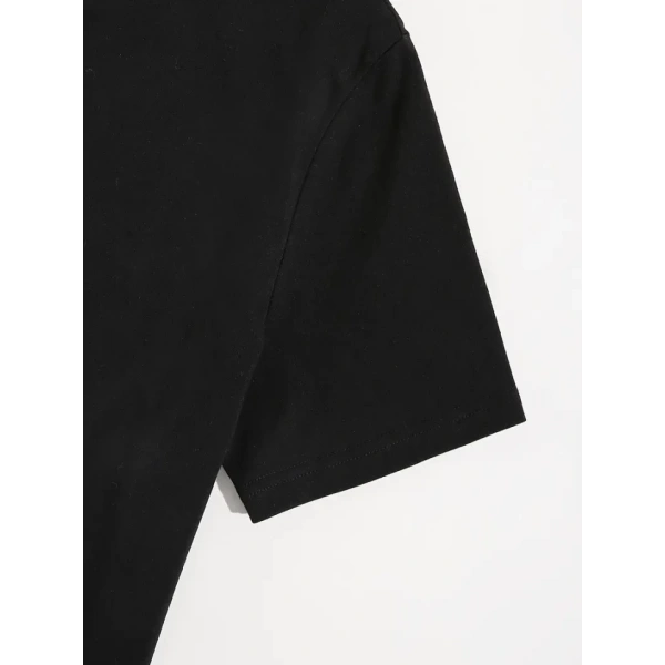 Biçomi Baskılı Oversize Bisiklet Yaka T-shirt - Siyah