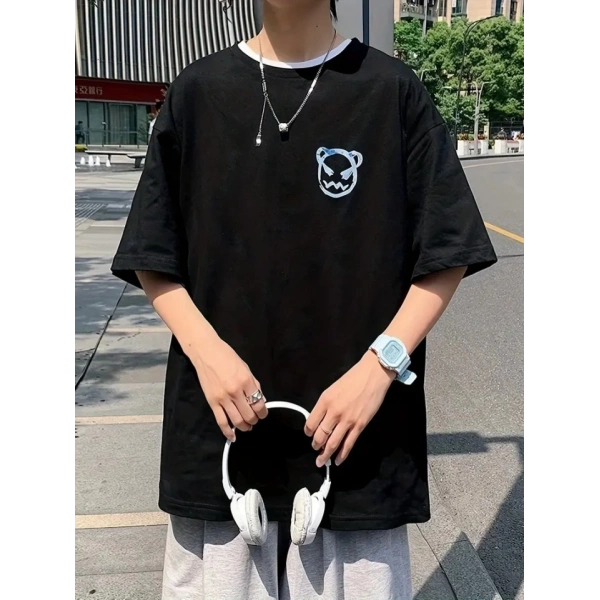 Biçomi Baskılı Oversize Bisiklet Yaka T-shirt - Siyah