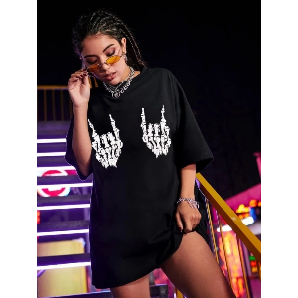 Biçomi Baskılı Oversize T-shirt - Siyah