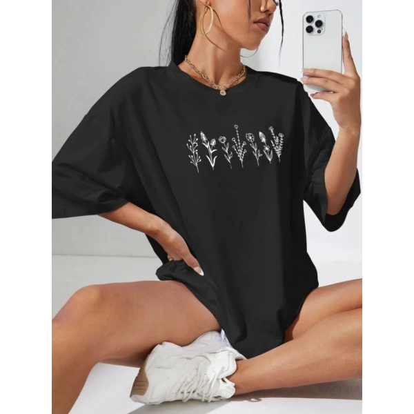 Biçomi Baskılı Oversize T-shirt - Siyah