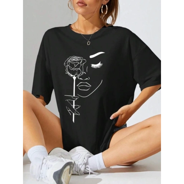 Biçomi Baskılı Oversize T-shirt - Siyah