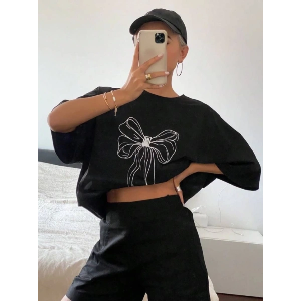Biçomi Baskılı Oversize T-shirt - Siyah
