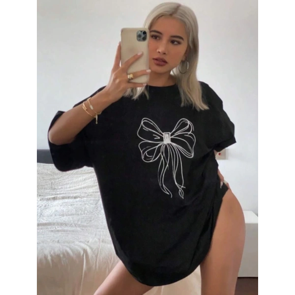 Biçomi Baskılı Oversize T-shirt - Siyah
