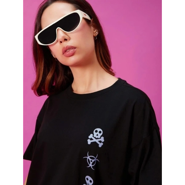 Biçomi Baskılı Oversize T-shirt - Siyah