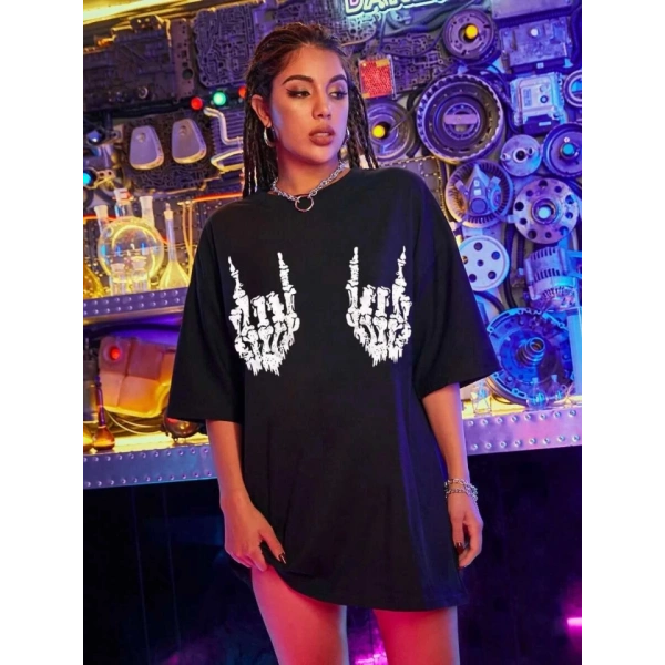 Biçomi Baskılı Oversize T-shirt - Siyah