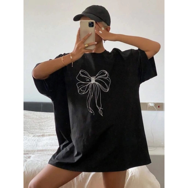 Biçomi Baskılı Oversize T-shirt - Siyah