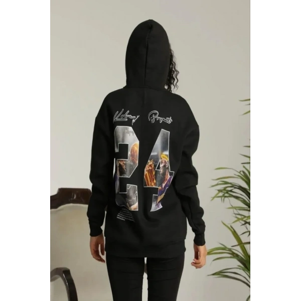 Biçomi Baskılı Oversize Üç İplik Kapüşonlu Sweatshirt - Siyah
