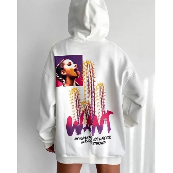 Biçomi Baskılı Üç İplik Kapüşonlu Oversize Sweatshirt - Beyaz