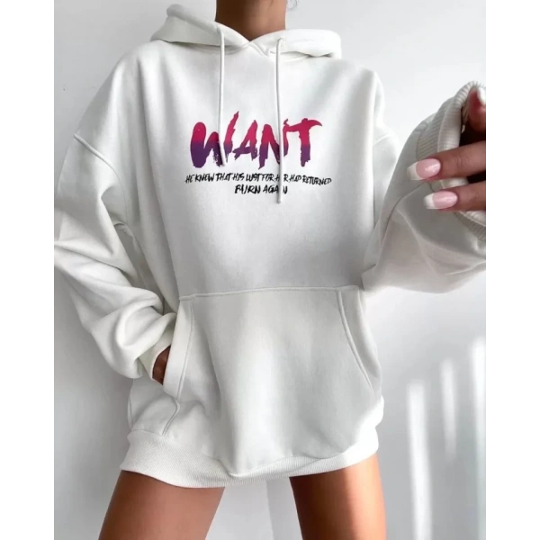 Biçomi Baskılı Üç İplik Kapüşonlu Oversize Sweatshirt - Beyaz