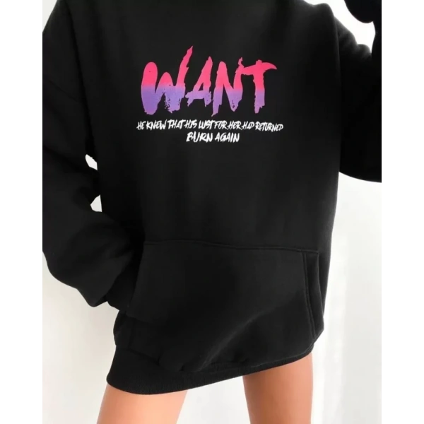 Biçomi Baskılı Üç İplik Kapüşonlu Oversize Sweatshirt - Siyah