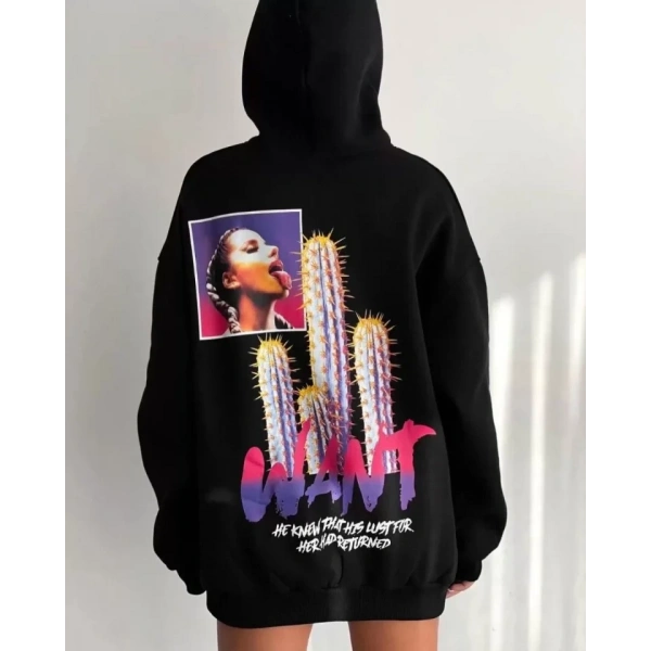 Biçomi Baskılı Üç İplik Kapüşonlu Oversize Sweatshirt - Siyah