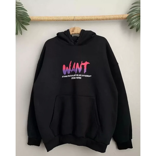 Biçomi Baskılı Üç İplik Kapüşonlu Oversize Sweatshirt - Siyah