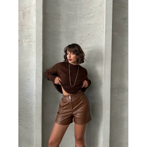BİÇOMİ Beli lastikli çıtçıtlı deri şort kahve w241007