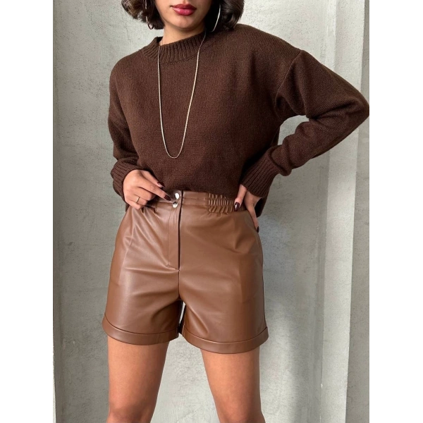 BİÇOMİ Beli lastikli çıtçıtlı deri şort kahve w241007