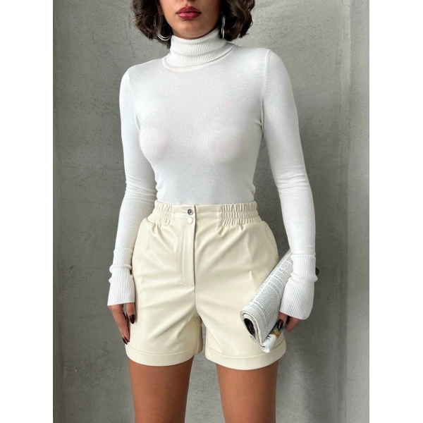 BİÇOMİ Beli lastikli çıtçıtlı deri şort krem w241007