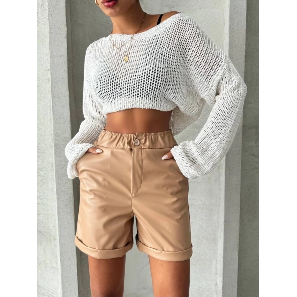 BİÇOMİ Beli lastikli duble paça deri şort bej w24755