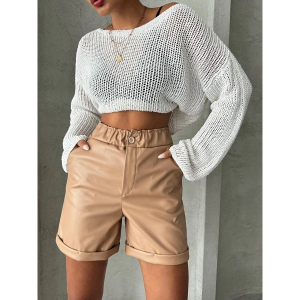 BİÇOMİ Beli lastikli duble paça deri şort bej w24755