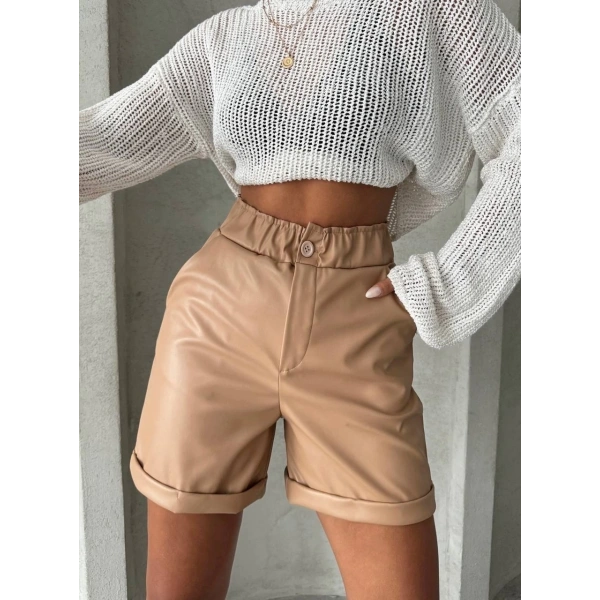 BİÇOMİ Beli lastikli duble paça deri şort bej w24755