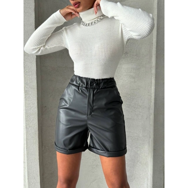 BİÇOMİ Beli lastikli duble paça deri şort siyah w24755