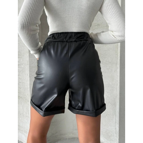 BİÇOMİ Beli lastikli duble paça deri şort siyah w24755