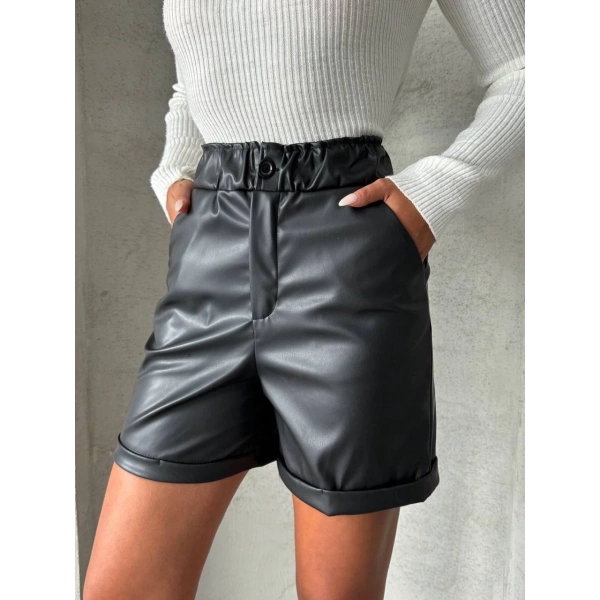 BİÇOMİ Beli lastikli duble paça deri şort siyah w24755