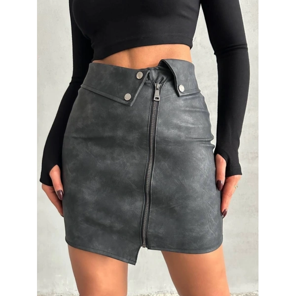 BİÇOMİ Beli pervazlı fermuarlı eskitme deri etek w24431