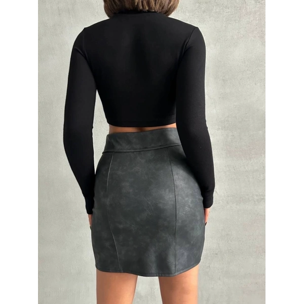 BİÇOMİ Beli pervazlı fermuarlı eskitme deri etek w24431