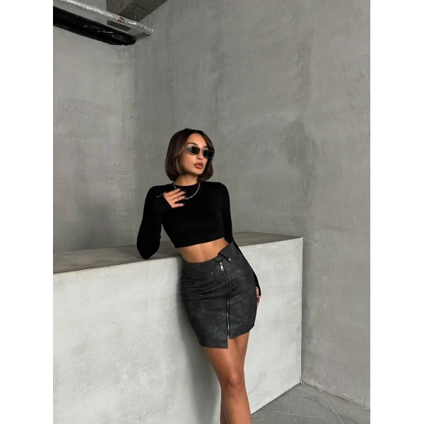 BİÇOMİ Beli pervazlı fermuarlı eskitme deri etek w24431