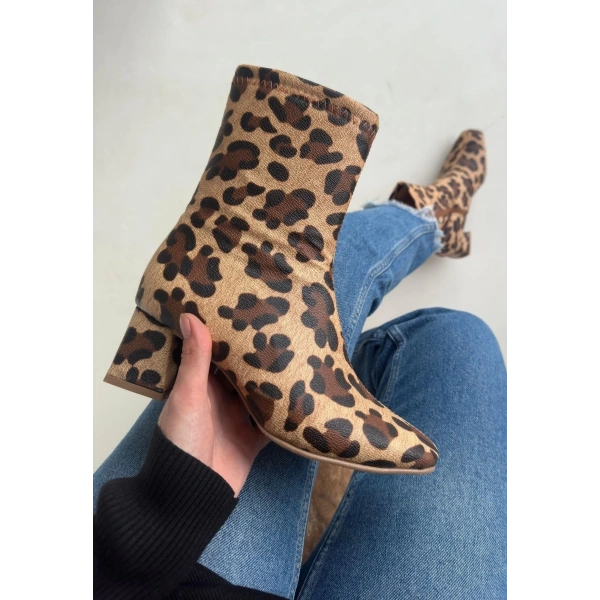 BİÇOMİ Birta Leopar Cilt Streç Topuklu Bot