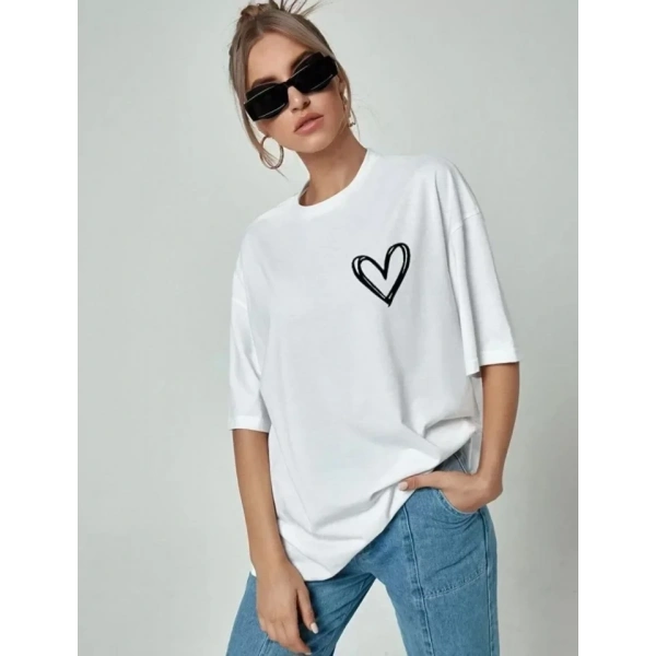Biçomi Bisiklet Yaka Baskılı Oversize T-Shirt - Beyaz