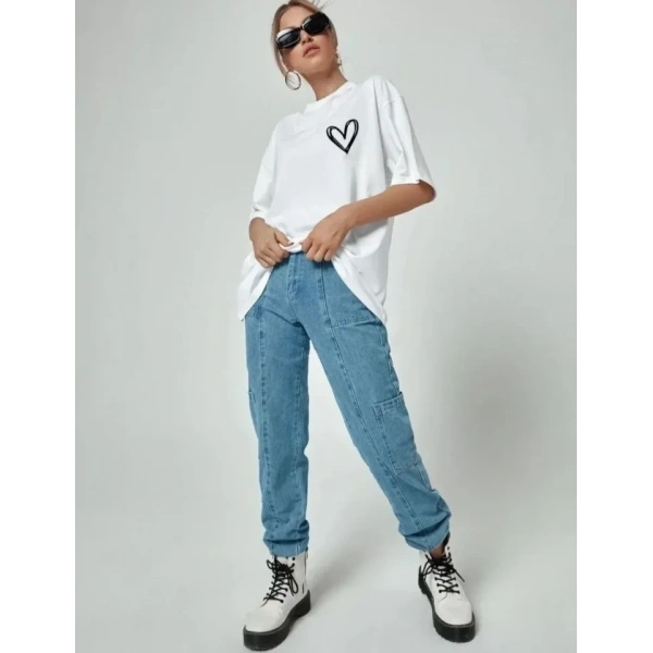 Biçomi Bisiklet Yaka Baskılı Oversize T-Shirt - Beyaz