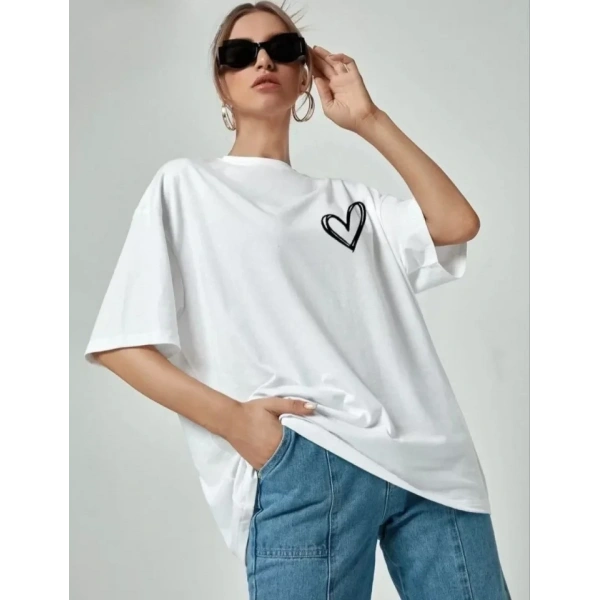 Biçomi Bisiklet Yaka Baskılı Oversize T-Shirt - Beyaz