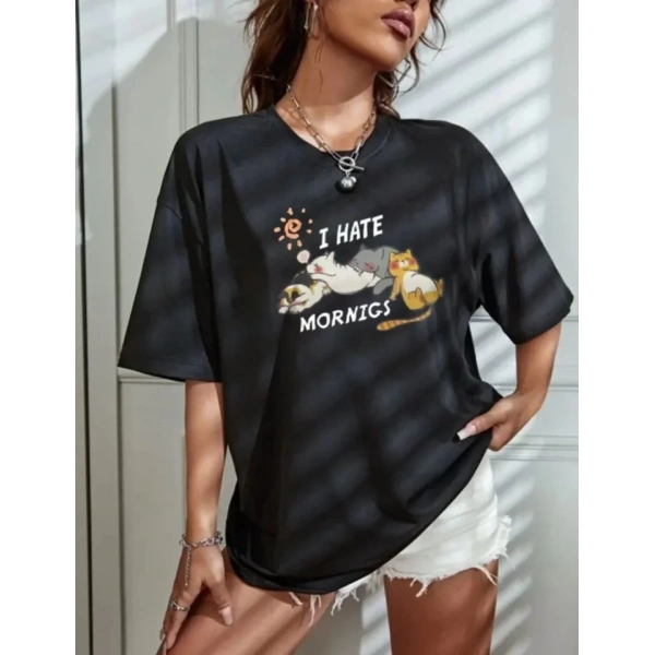 Biçomi Bisiklet Yaka Baskılı Oversize T-Shirt - Siyah