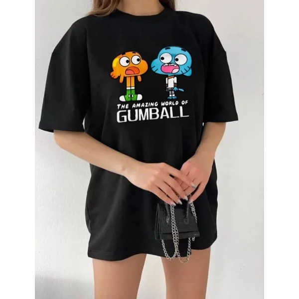 Biçomi Bisiklet Yaka Baskılı Oversize T-Shirt - Siyah