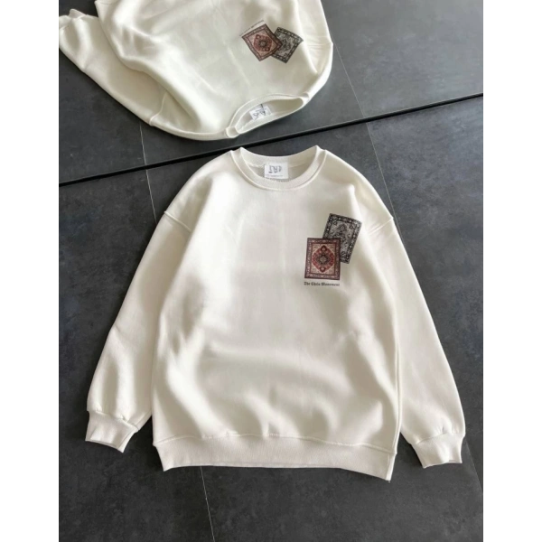 Biçomi Bisiklet Yaka Baskılı SweatShirt - Beyaz