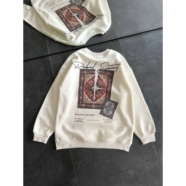 Biçomi Bisiklet Yaka Baskılı SweatShirt - Beyaz