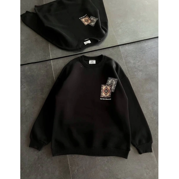 Biçomi Bisiklet Yaka Baskılı SweatShirt - Siyah