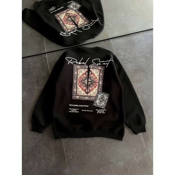 Biçomi Bisiklet Yaka Baskılı SweatShirt - Siyah
