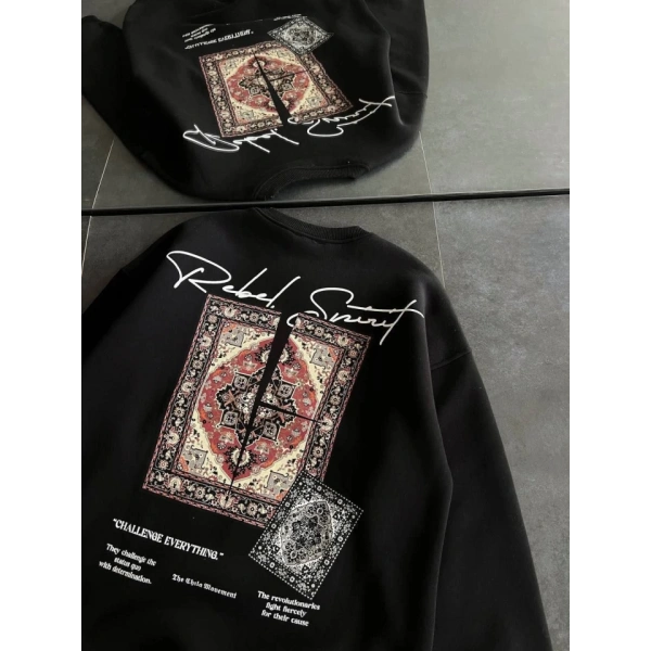 Biçomi Bisiklet Yaka Baskılı SweatShirt - Siyah