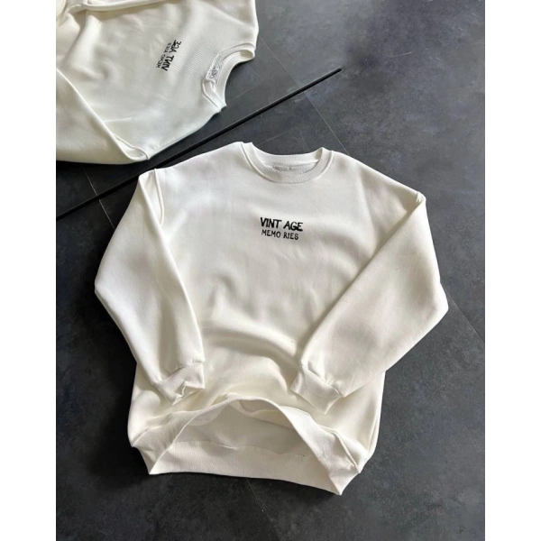 Biçomi Bisiklet Yaka Üç İplik Baskılı Oversize SweatShirt - Beyaz