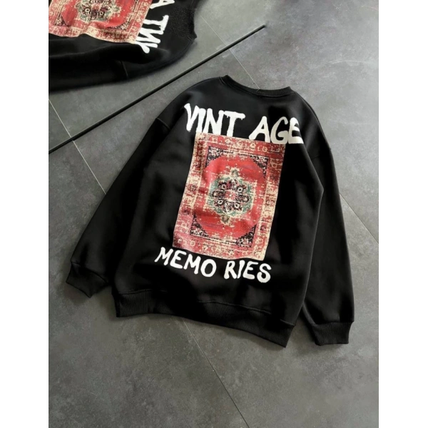 Biçomi Bisiklet Yaka Üç İplik Baskılı Oversize SweatShirt - Siyah