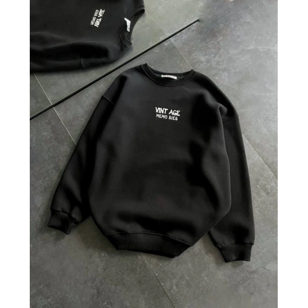 Biçomi Bisiklet Yaka Üç İplik Baskılı Oversize SweatShirt - Siyah