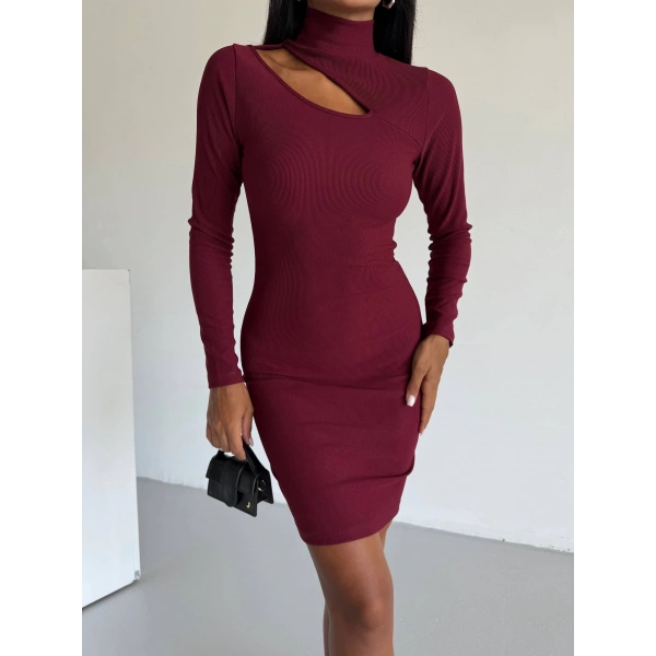 BİÇOMİ Boğazlı gögüs dekolteli elbise bordo f2333