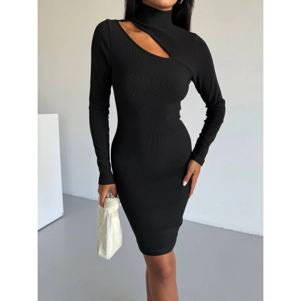 BİÇOMİ Boğazlı gögüs dekolteli elbise siyah f2333