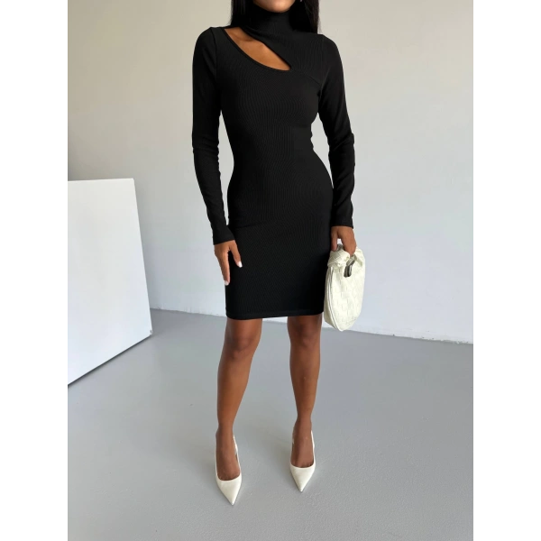 BİÇOMİ Boğazlı gögüs dekolteli elbise siyah f2333