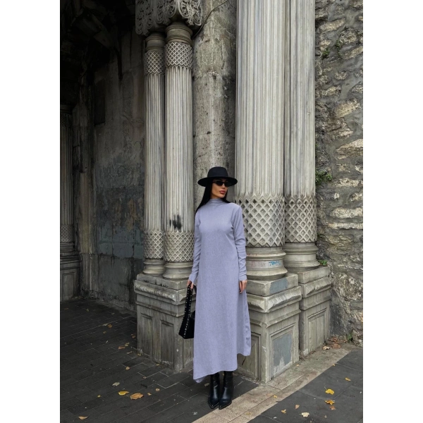 BİÇOMİ Boğazlı kalın bürümcük uzun elbise gri